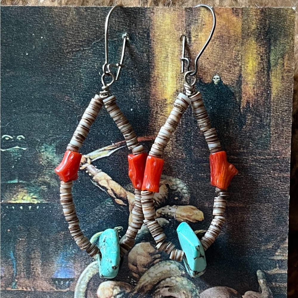 Vintage sterling turquoise coral hammer oyster earrings handmade southwestern